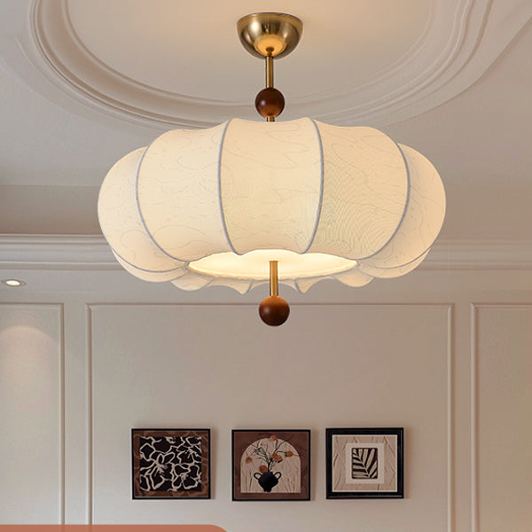 Traditional French Solid Wood Fabric Round Shade 4-Light Semi-Flush Mount Ceiling Light For Living Room Lumendat