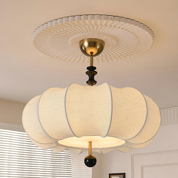 Traditional French Solid Wood Fabric Round Shade 4-Light Semi-Flush Mount Ceiling Light For Living Room Lumendat