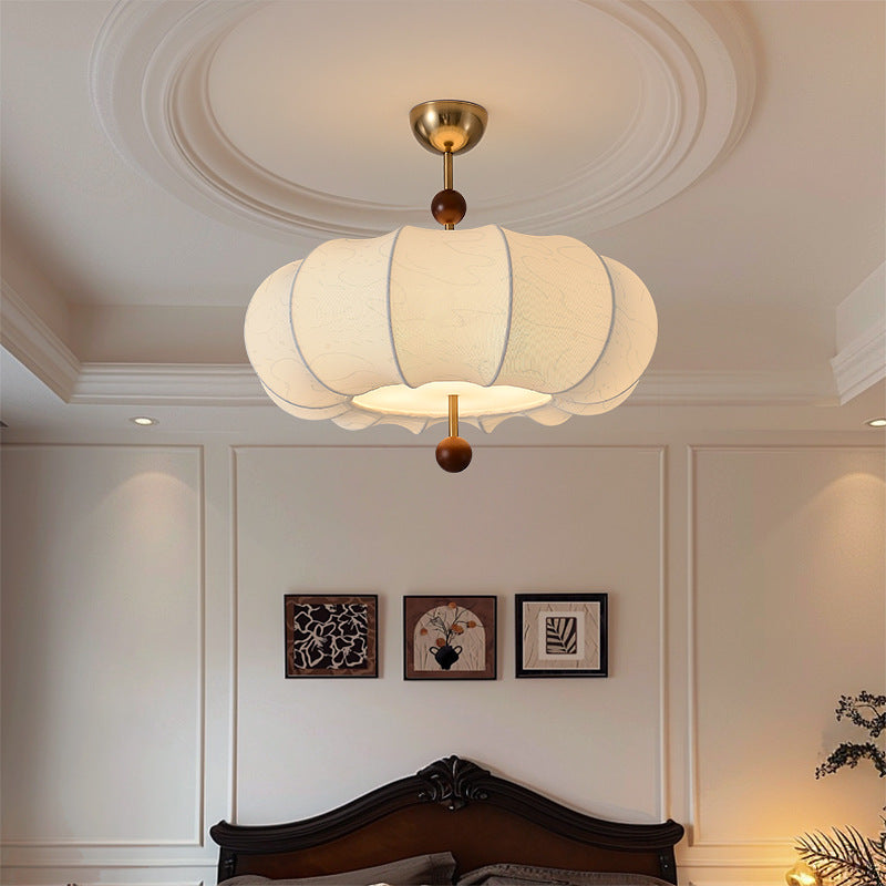 Traditional French Solid Wood Fabric Round Shade 4-Light Semi-Flush Mount Ceiling Light For Living Room Lumendat