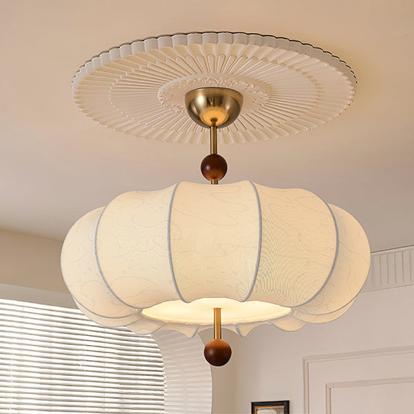 Traditional French Solid Wood Fabric Round Shade 4-Light Semi-Flush Mount Ceiling Light For Living Room Lumendat