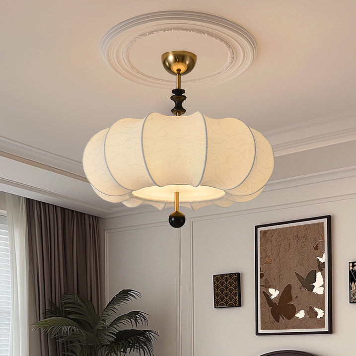 Traditional French Solid Wood Fabric Round Shade 4-Light Semi-Flush Mount Ceiling Light For Living Room Lumendat