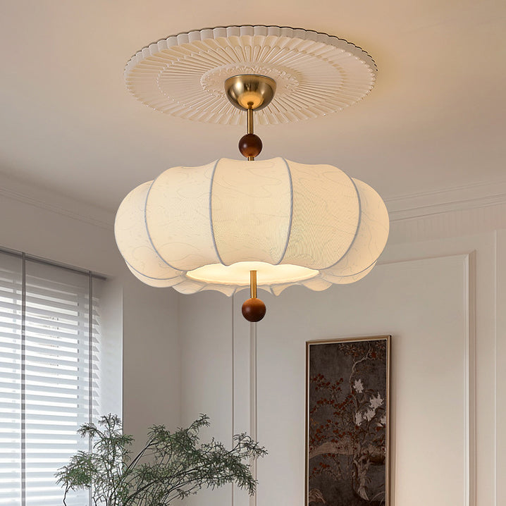 Traditional French Solid Wood Fabric Round Shade 4-Light Semi-Flush Mount Ceiling Light For Living Room Lumendat