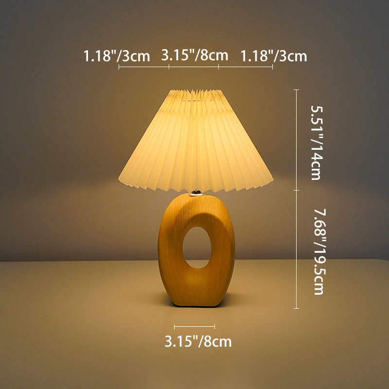 Traditional Japanese Pleated Fabric Shade Wood Grain Ceramic Base USB LED Table Lamp For Bedside Lumendat