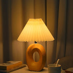 Traditional Japanese Pleated Fabric Shade Wood Grain Ceramic Base USB LED Table Lamp For Bedside Lumendat