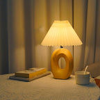 Traditional Japanese Pleated Fabric Shade Wood Grain Ceramic Base USB LED Table Lamp For Bedside Lumendat