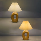 Traditional Japanese Pleated Fabric Shade Wood Grain Ceramic Base USB LED Table Lamp For Bedside Lumendat