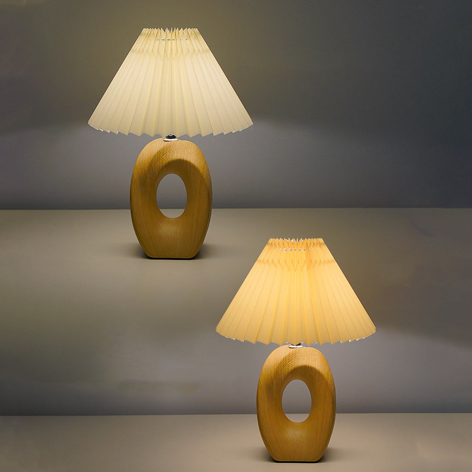 Traditional Japanese Pleated Fabric Shade Wood Grain Ceramic Base USB LED Table Lamp For Bedside Lumendat