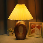 Traditional Japanese Pleated Fabric Shade Wood Grain Ceramic Base USB LED Table Lamp For Bedside Lumendat