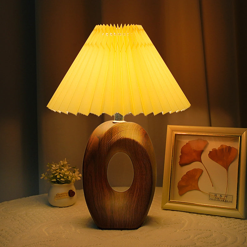 Traditional Japanese Pleated Fabric Shade Wood Grain Ceramic Base USB LED Table Lamp For Bedside Lumendat