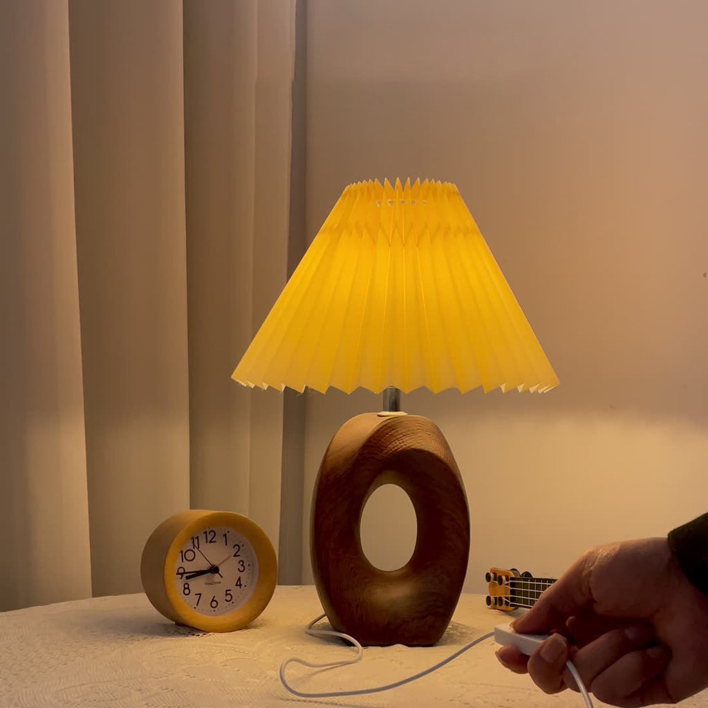 Traditional Japanese Pleated Fabric Shade Wood Grain Ceramic Base USB LED Table Lamp For Bedside Lumendat