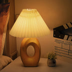 Traditional Japanese Pleated Fabric Shade Wood Grain Ceramic Base USB LED Table Lamp For Bedside Lumendat