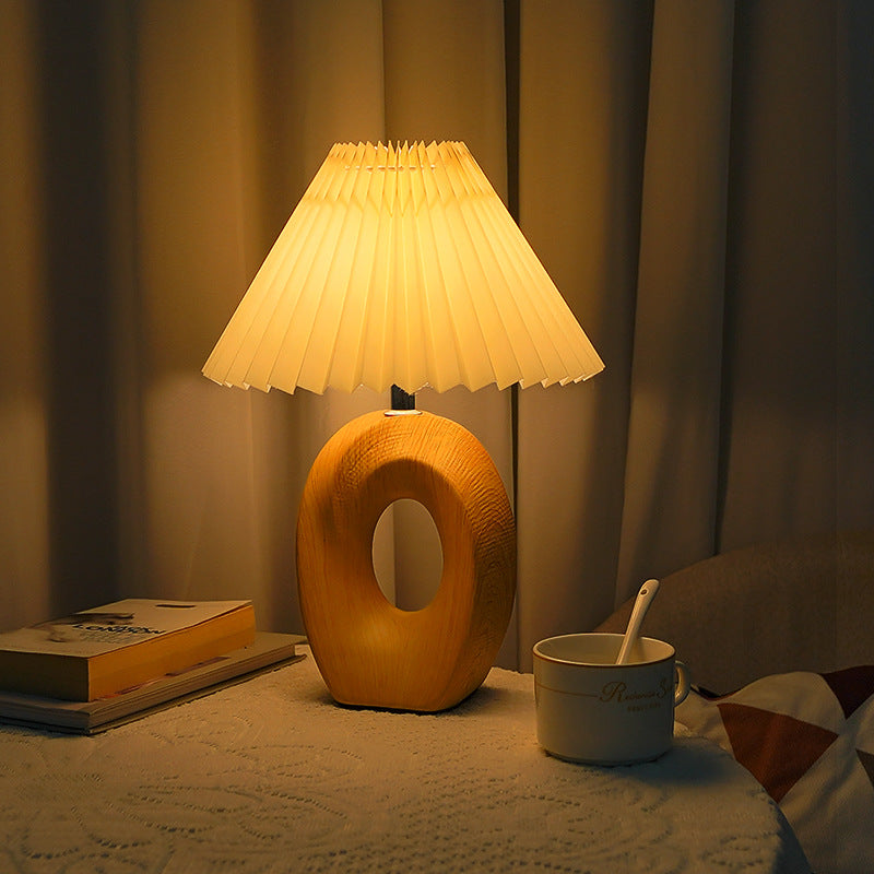 Traditional Japanese Pleated Fabric Shade Wood Grain Ceramic Base USB LED Table Lamp For Bedside Lumendat