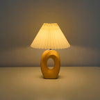Traditional Japanese Pleated Fabric Shade Wood Grain Ceramic Base USB LED Table Lamp For Bedside Lumendat
