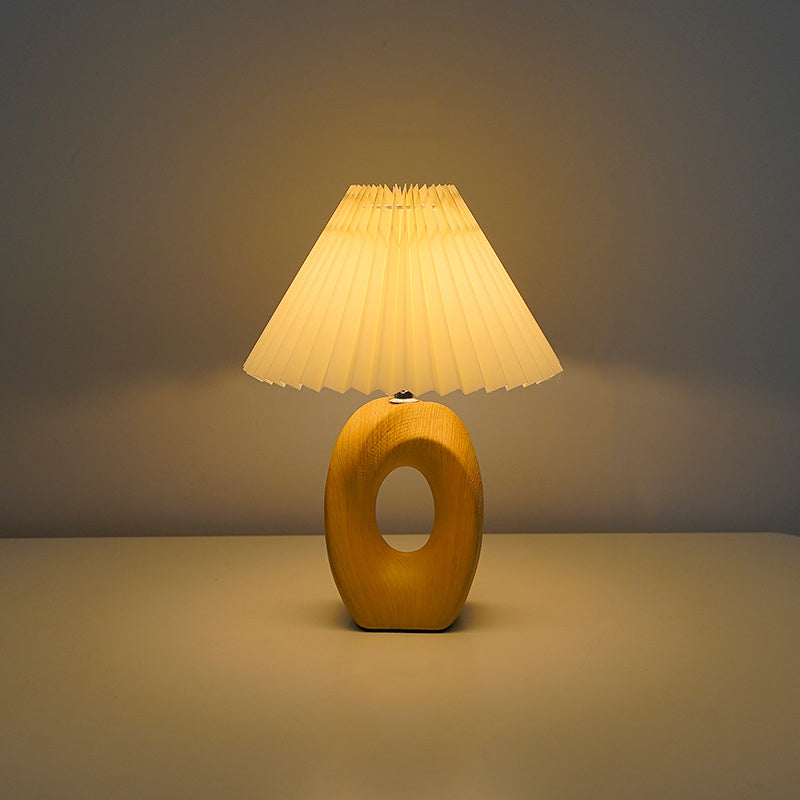 Traditional Japanese Pleated Fabric Shade Wood Grain Ceramic Base USB LED Table Lamp For Bedside Lumendat