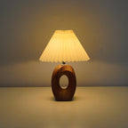 Traditional Japanese Pleated Fabric Shade Wood Grain Ceramic Base USB LED Table Lamp For Bedside Lumendat