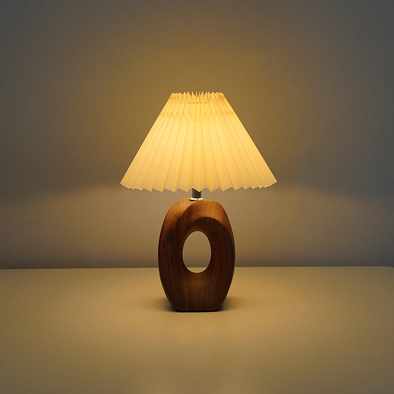 Traditional Japanese Pleated Fabric Shade Wood Grain Ceramic Base USB LED Table Lamp For Bedside Lumendat