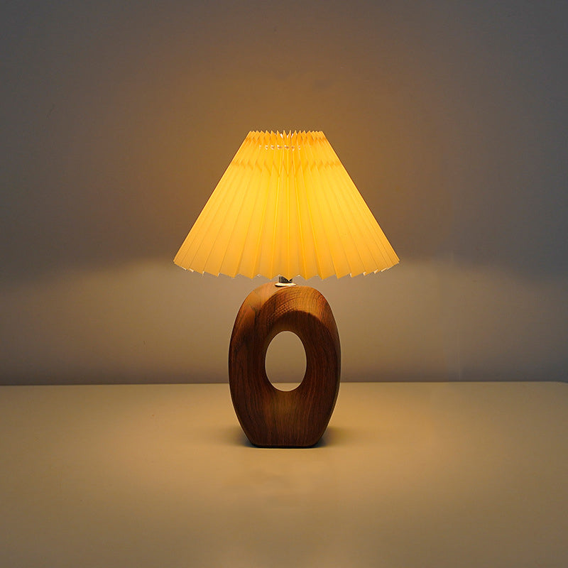 Traditional Japanese Pleated Fabric Shade Wood Grain Ceramic Base USB LED Table Lamp For Bedside Lumendat