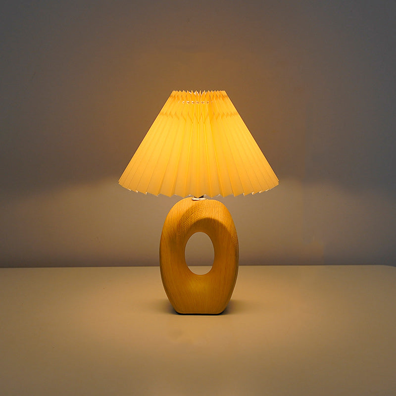 Traditional Japanese Pleated Fabric Shade Wood Grain Ceramic Base USB LED Table Lamp For Bedside Lumendat