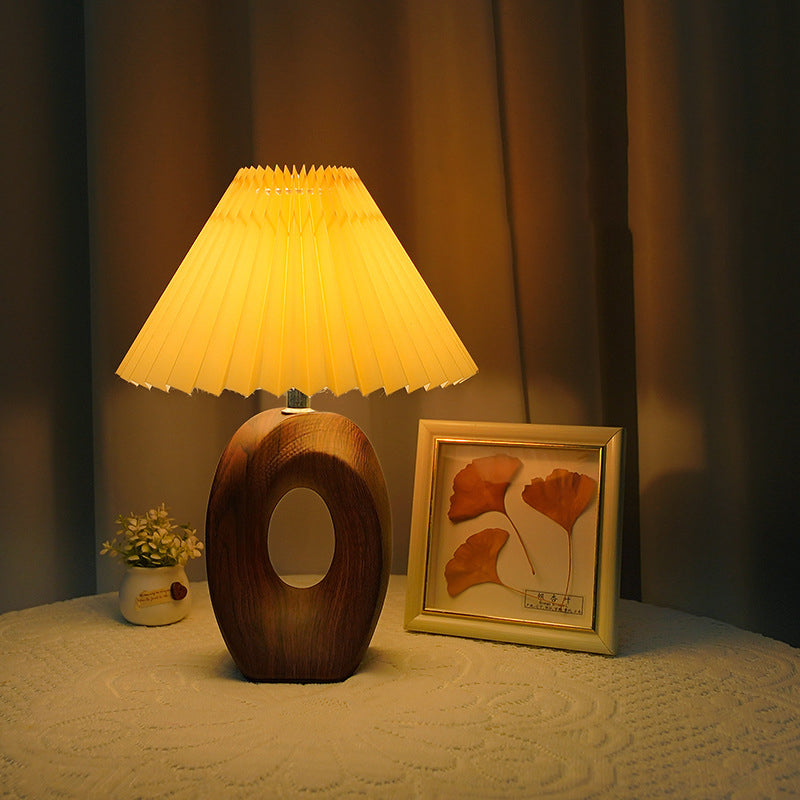 Traditional Japanese Pleated Fabric Shade Wood Grain Ceramic Base USB LED Table Lamp For Bedside Lumendat