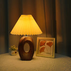 Traditional Japanese Pleated Fabric Shade Wood Grain Ceramic Base USB LED Table Lamp For Bedside Lumendat