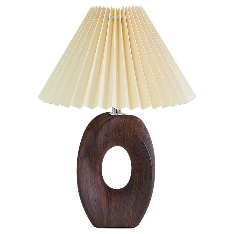 Traditional Japanese Pleated Fabric Shade Wood Grain Ceramic Base USB LED Table Lamp For Bedside Lumendat