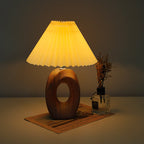 Traditional Japanese Pleated Fabric Shade Wood Grain Ceramic Base USB LED Table Lamp For Bedside Lumendat