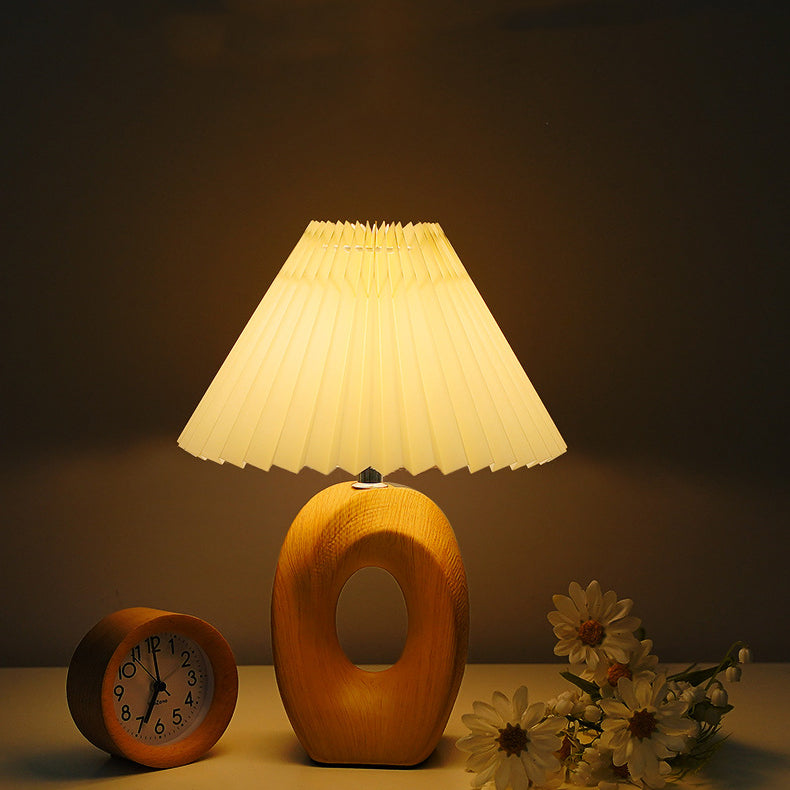 Traditional Japanese Pleated Fabric Shade Wood Grain Ceramic Base USB LED Table Lamp For Bedside Lumendat