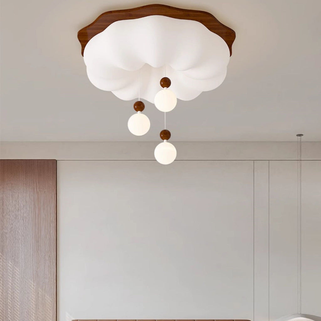 Contemporary Scandinavian Solid Wood PE Cloud Shade LED Flush Mount Ceiling Light For Bedroom