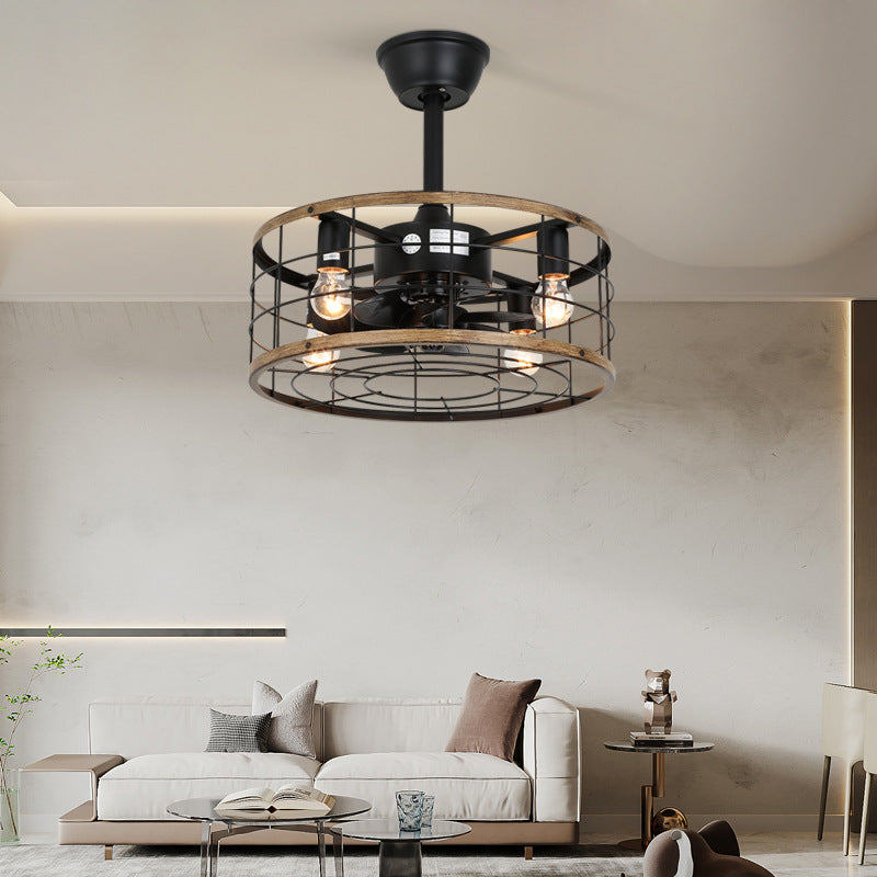 Traditional Farmhouse Iron Cylinder Frame ABS Fans 4-Light Downrods Ceiling Fan Light For Bedroom