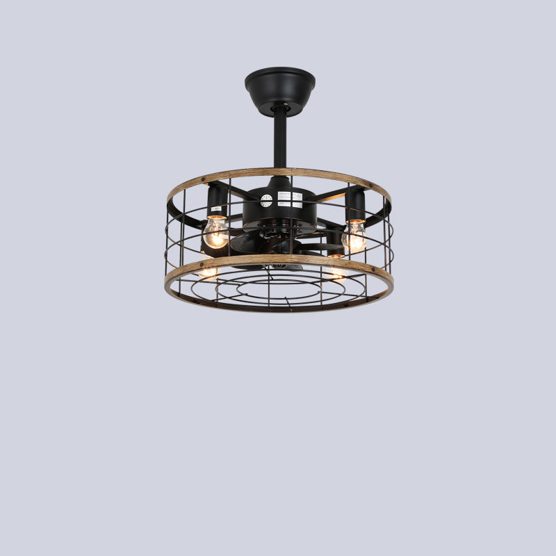 Traditional Farmhouse Iron Cylinder Frame ABS Fans 4-Light Downrods Ceiling Fan Light For Bedroom