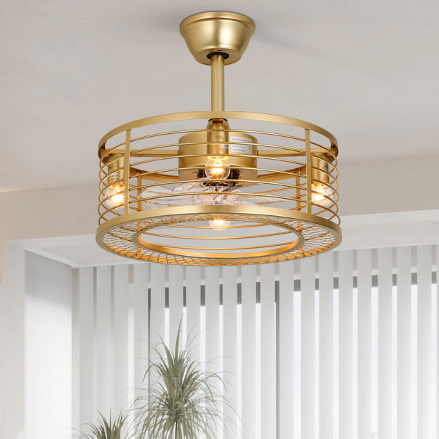Traditional Farmhouse Iron Cylinder Frame ABS Fans 4-Light Downrods Ceiling Fan Light For Bedroom