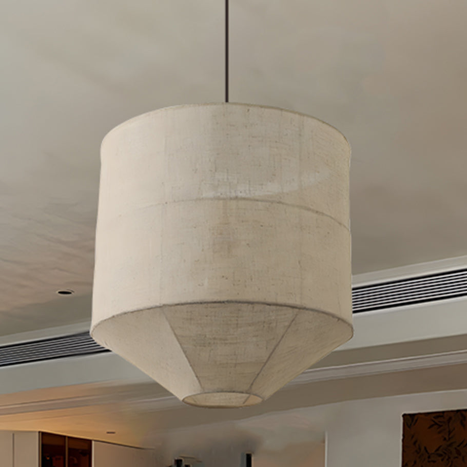 Traditional Japanese Zen Iron Fabric Cylinder Shade 1-Light Pendant Light For Living Room