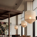 Traditional Japanese Zen Iron Fabric Cylinder Shade 1-Light Pendant Light For Living Room