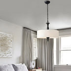 Traditional Japanese Fabric Cylinder Iron 1-Light Pendant Light For Living Room