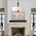 Traditional Japanese Fabric Cylinder Iron 1-Light Pendant Light For Living Room