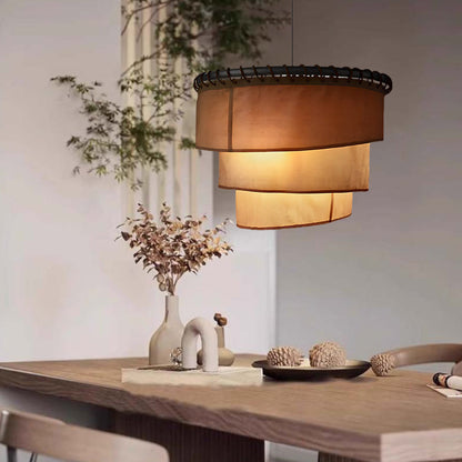 Traditional Japanese Multi-Layered Round Fabric Hardware 1-Light Pendant Light For Living Room
