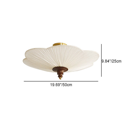 Traditional French Wood Metal Plum Blossom Fabric Shade 3-light Semi-flush Mount Ceiling Light for Living Room