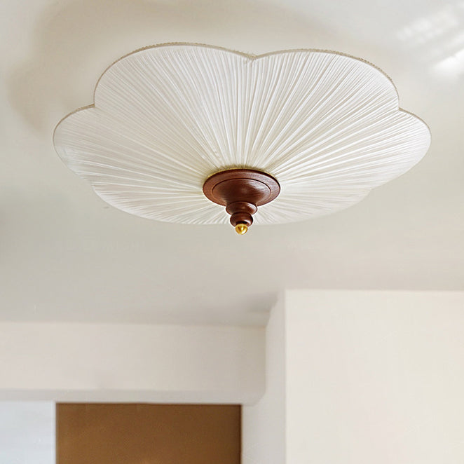 Traditional French Wood Metal Plum Blossom Fabric Shade 3-light Semi-flush Mount Ceiling Light for Living Room