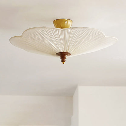 Traditional French Wood Metal Plum Blossom Fabric Shade 3-light Semi-flush Mount Ceiling Light for Living Room