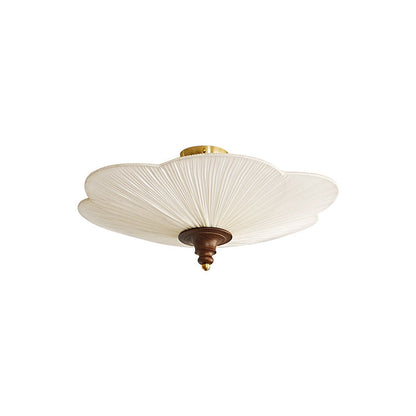 Traditional French Wood Metal Plum Blossom Fabric Shade 3-light Semi-flush Mount Ceiling Light for Living Room