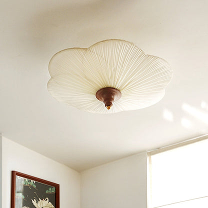Traditional French Wood Metal Plum Blossom Fabric Shade 3-light Semi-flush Mount Ceiling Light for Living Room