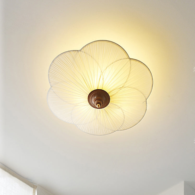 Traditional French Wood Metal Plum Blossom Fabric Shade 3-light Semi-flush Mount Ceiling Light for Living Room