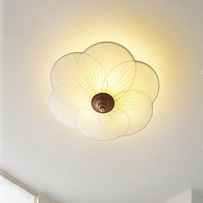 Traditional French Wood Metal Plum Blossom Fabric Shade 3-light Semi-flush Mount Ceiling Light for Living Room