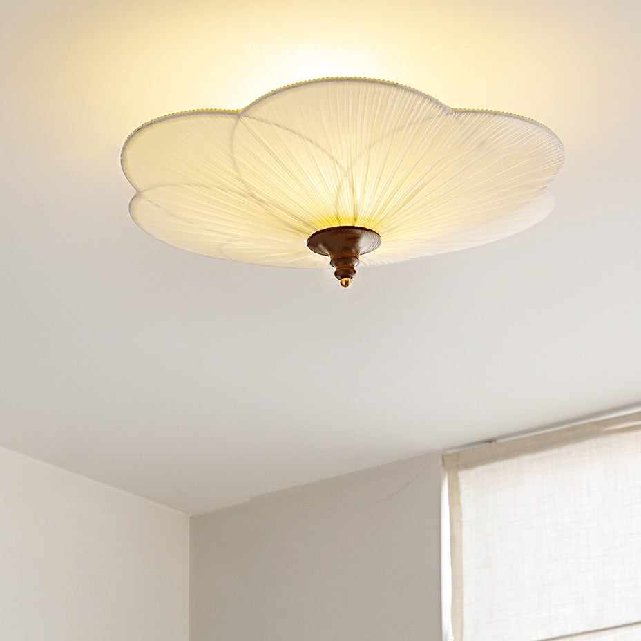 Traditional French Wood Metal Plum Blossom Fabric Shade 3-light Semi-flush Mount Ceiling Light for Living Room