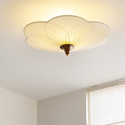 Traditional French Wood Metal Plum Blossom Fabric Shade 3-light Semi-flush Mount Ceiling Light for Living Room