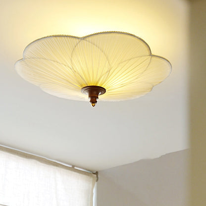 Traditional French Wood Metal Plum Blossom Fabric Shade 3-light Semi-flush Mount Ceiling Light for Living Room
