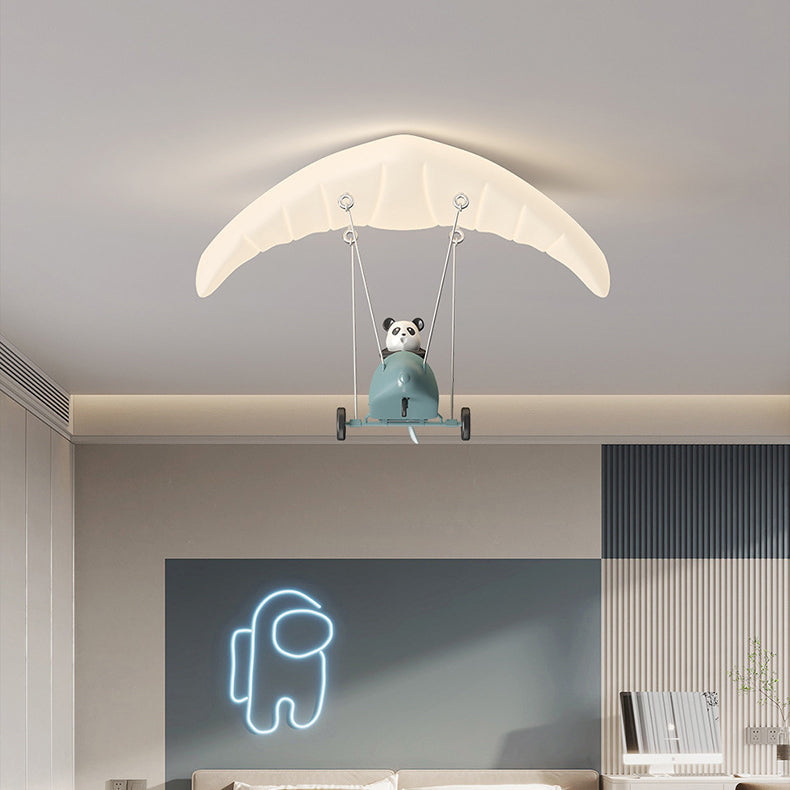 Contemporary Creative Cartoon Panda Parachute Pe Iron LED Flush Mount Ceiling Light for Bedroom