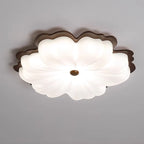 Contemporary Retro Solid Wood Flower PE Shade LED Flush Mount Ceiling Light For Bedroom