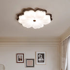 Contemporary Retro Solid Wood Flower PE Shade LED Flush Mount Ceiling Light For Bedroom