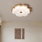 Contemporary Retro Solid Wood Flower PE Shade LED Flush Mount Ceiling Light For Bedroom